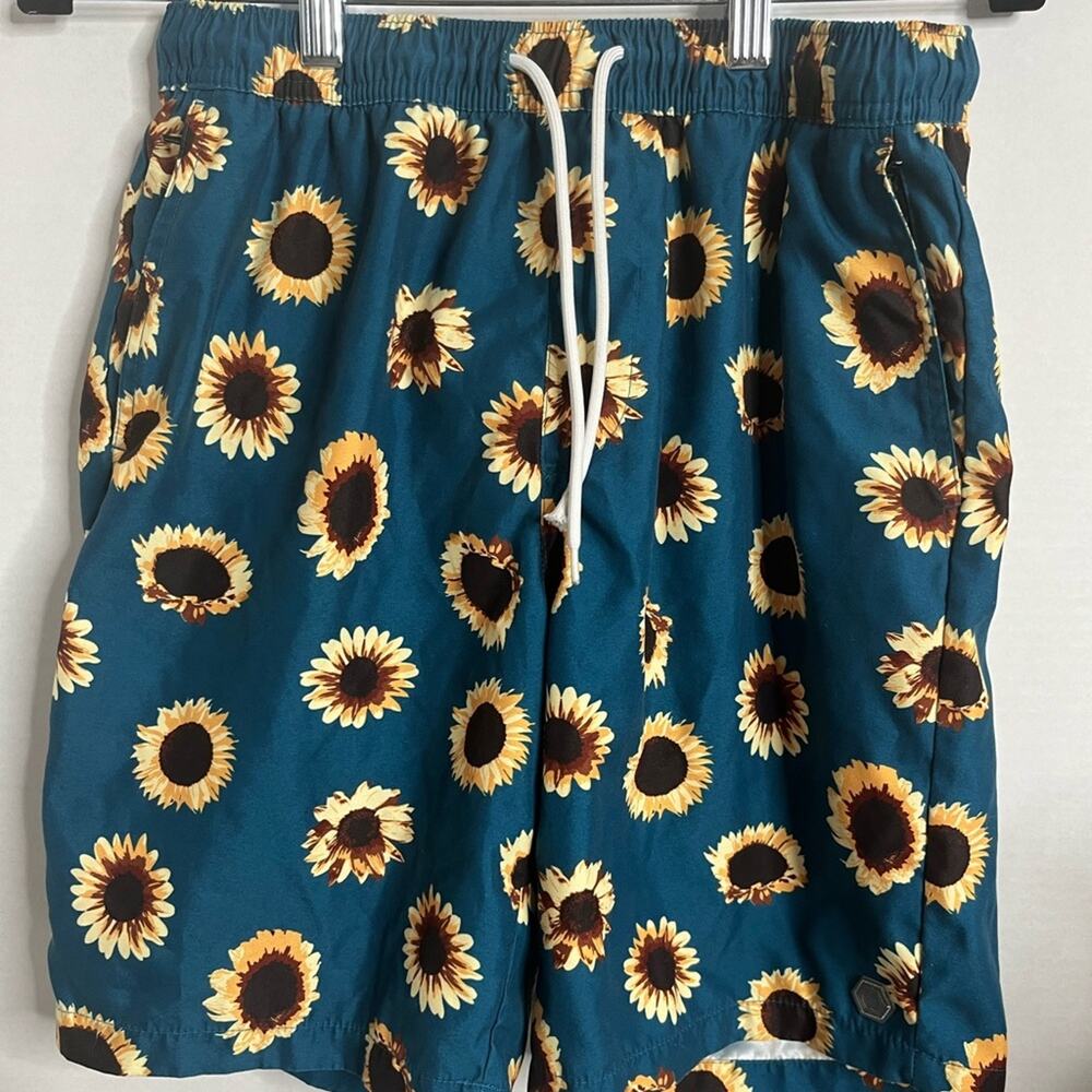 Men’s EMPYRE Sunflower Board Shorts Drawstring Zippered Pockets Teal Small